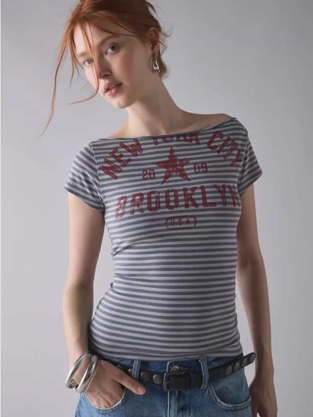 Urban Outfitters Black & Grey Striped New York Slash Neck Tee